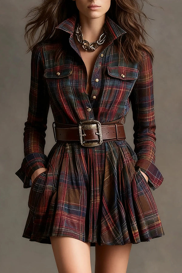 Anna-Berg | Plaid Print Lapel Long Sleeve Dress