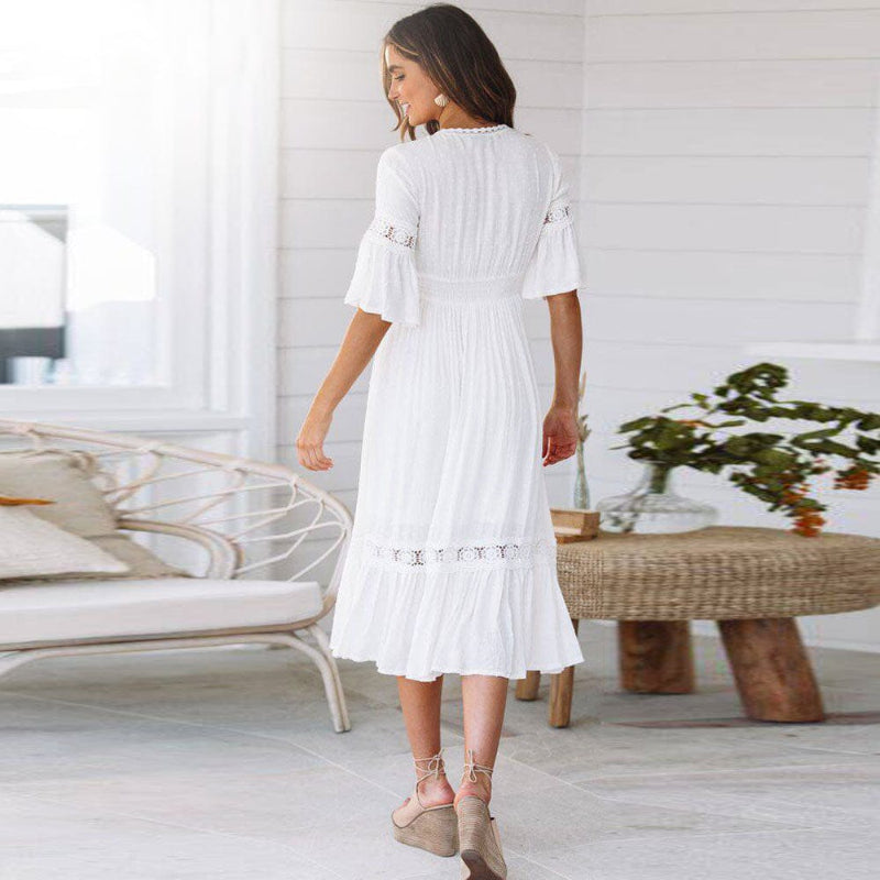 Anna-Berg | Boho Dress With V-Neck And Lace Inserts
