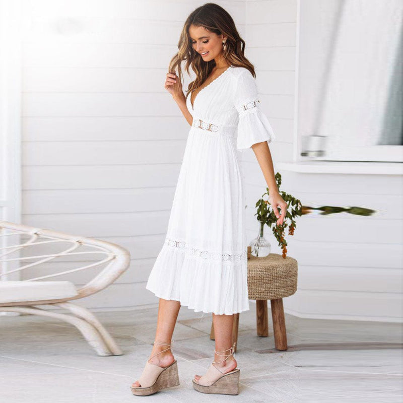 Anna-Berg | Boho Dress With V-Neck And Lace Inserts