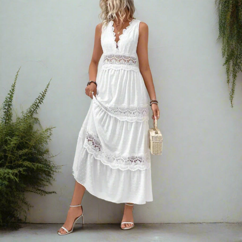 Anna-Berg | Romantic Maxi Dress With V-Neck And Lace Inserts