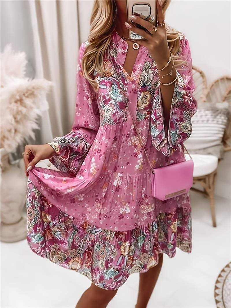 Anna-Berg | Boho Midi Dress Floral Print V-Neck Long Sleeve Tiered