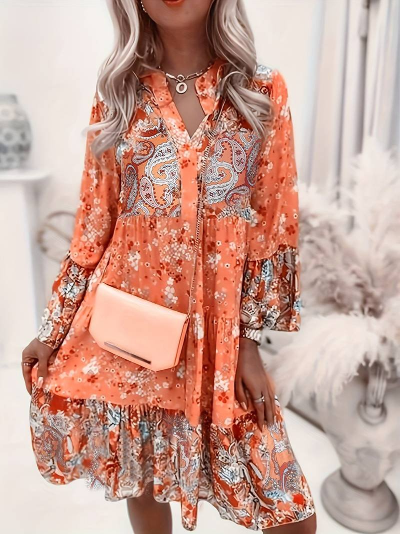 Anna-Berg | Boho Midi Dress Floral Print V-Neck Long Sleeve Tiered