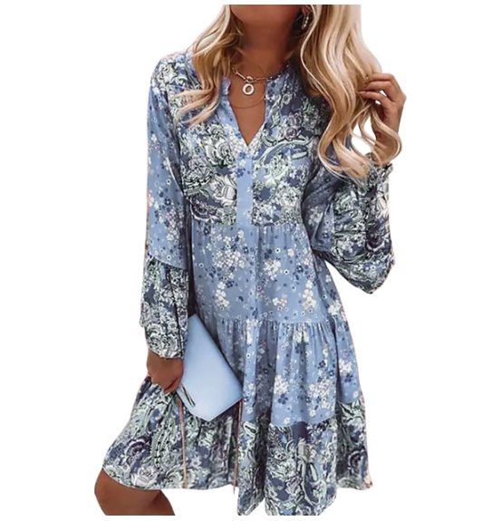 Anna-Berg | Boho Midi Dress Floral Print V-Neck Long Sleeve Tiered