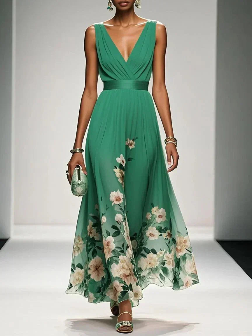 Anna-Berg | Feminine Light Blue Floral V-Neck Maxi Dress