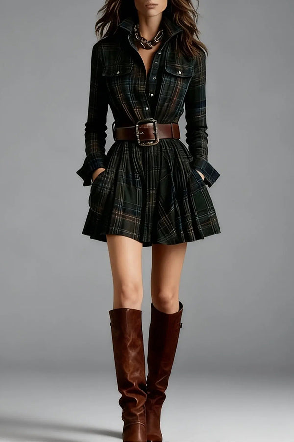 Anna-Berg | Plaid Print Lapel Long Sleeve Dress