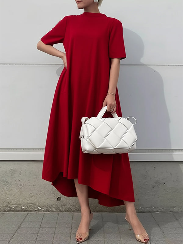 Anna-Berg | High-Low Short Sleeves Solid Color Dress