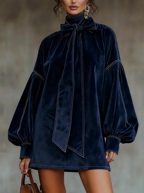 Anna-Berg | Elegant Dark Blue Mini Dress With Velvet Cut And Lantern-Shaped Sleeves