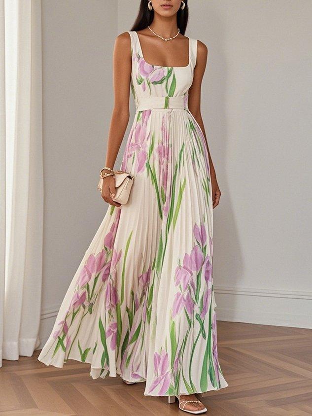 Anna-Berg | Sophisticated Pleated Floral Chiffon Maxi Dress