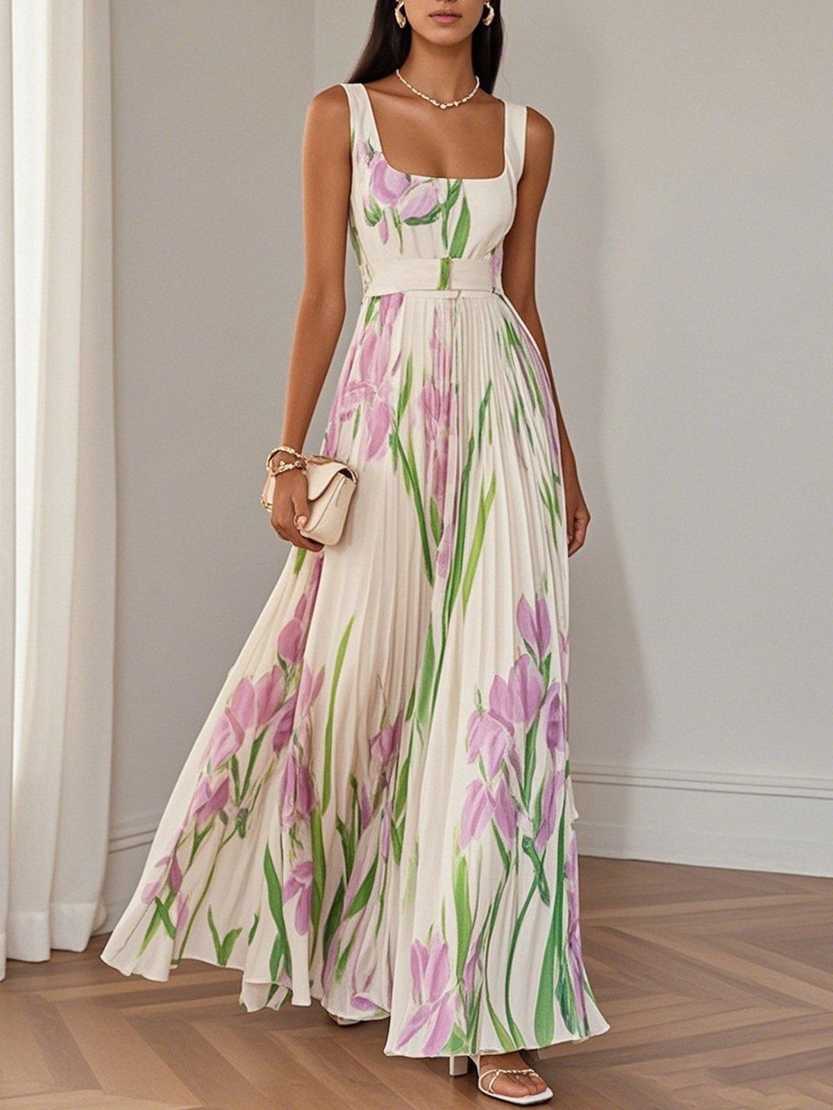 Anna-Berg | Sophisticated Pleated Floral Chiffon Maxi Dress