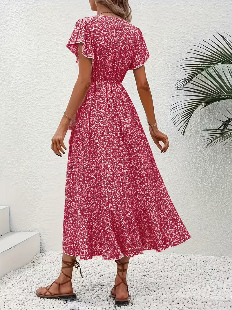 Anna-Berg | Timeless Floral Wrap Midi Dress With Ruffle Sleeves And Asymmetric Hem