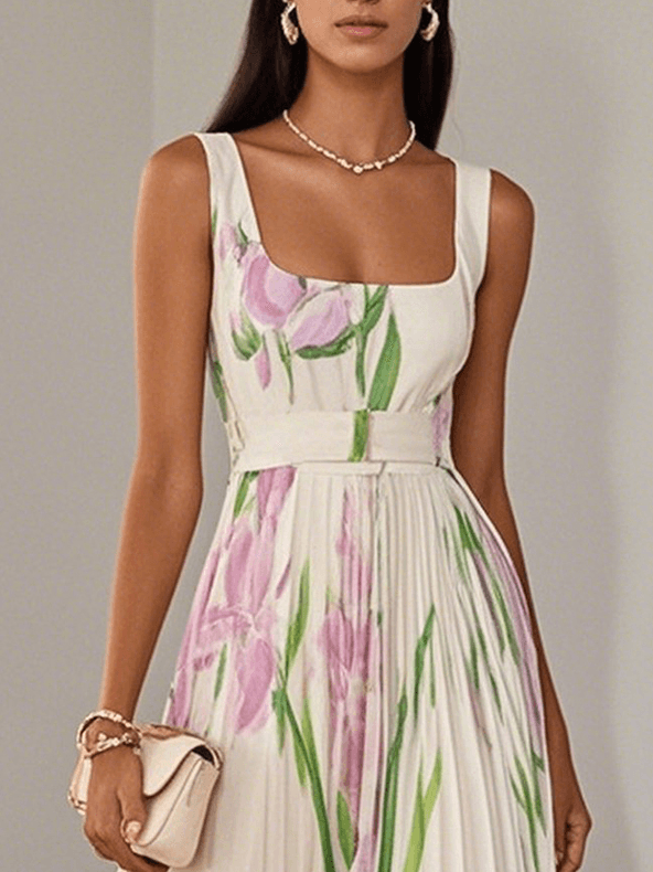 Anna-Berg | Sophisticated Pleated Floral Chiffon Maxi Dress