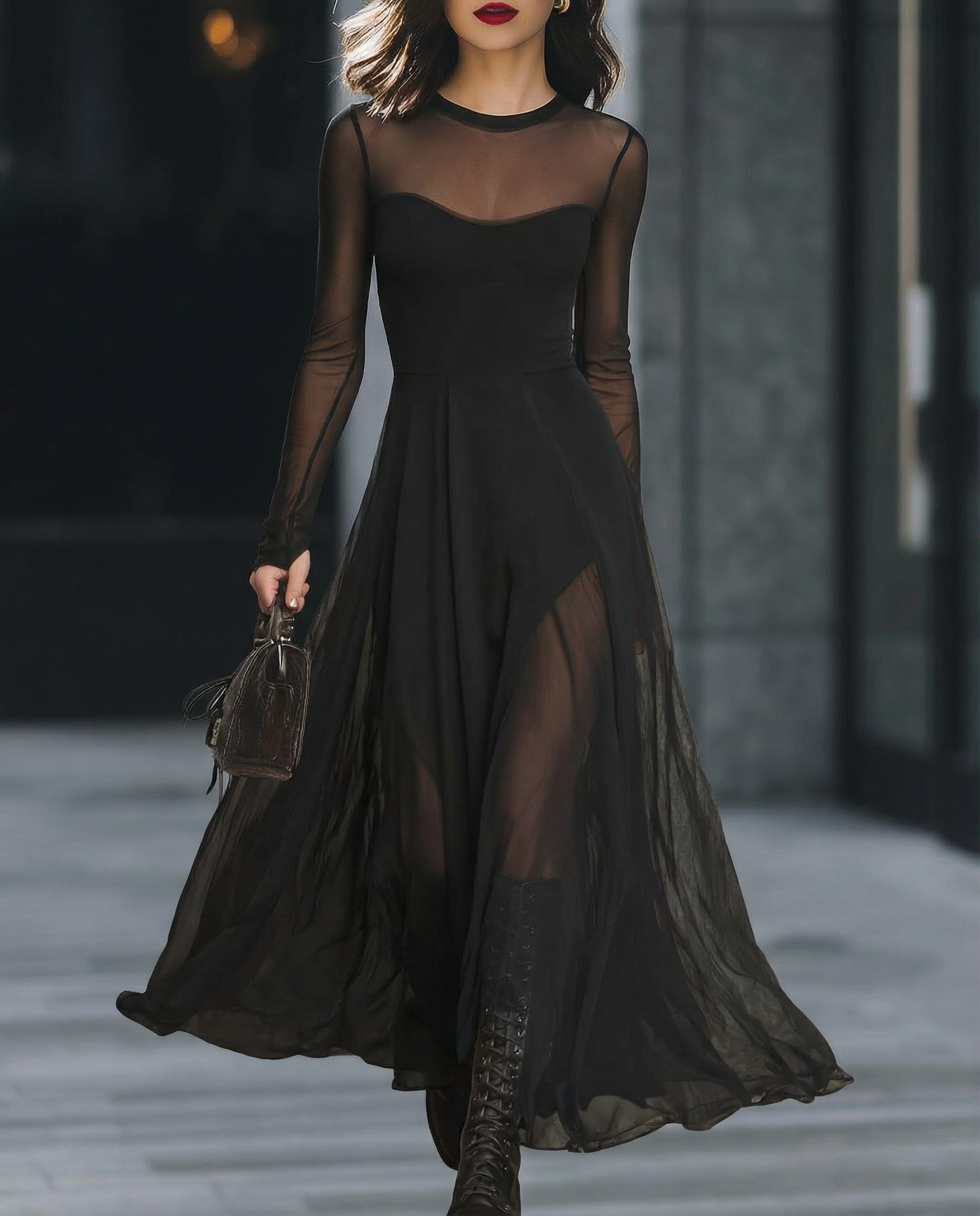 Anna-Berg | Sheer-Sleeve High-Neck A-Line Dress