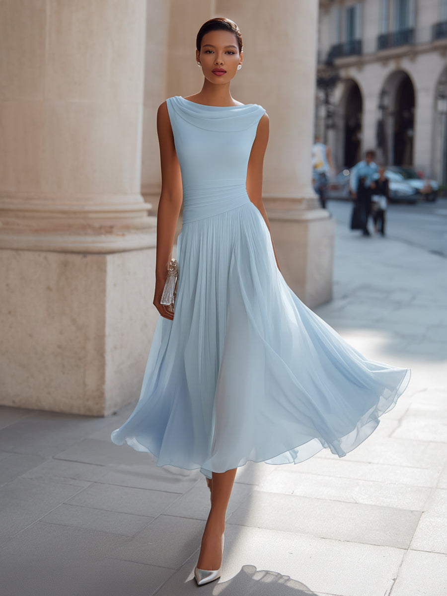 Anna-Berg | Draped Neck Sleeveless Pleated Dress
