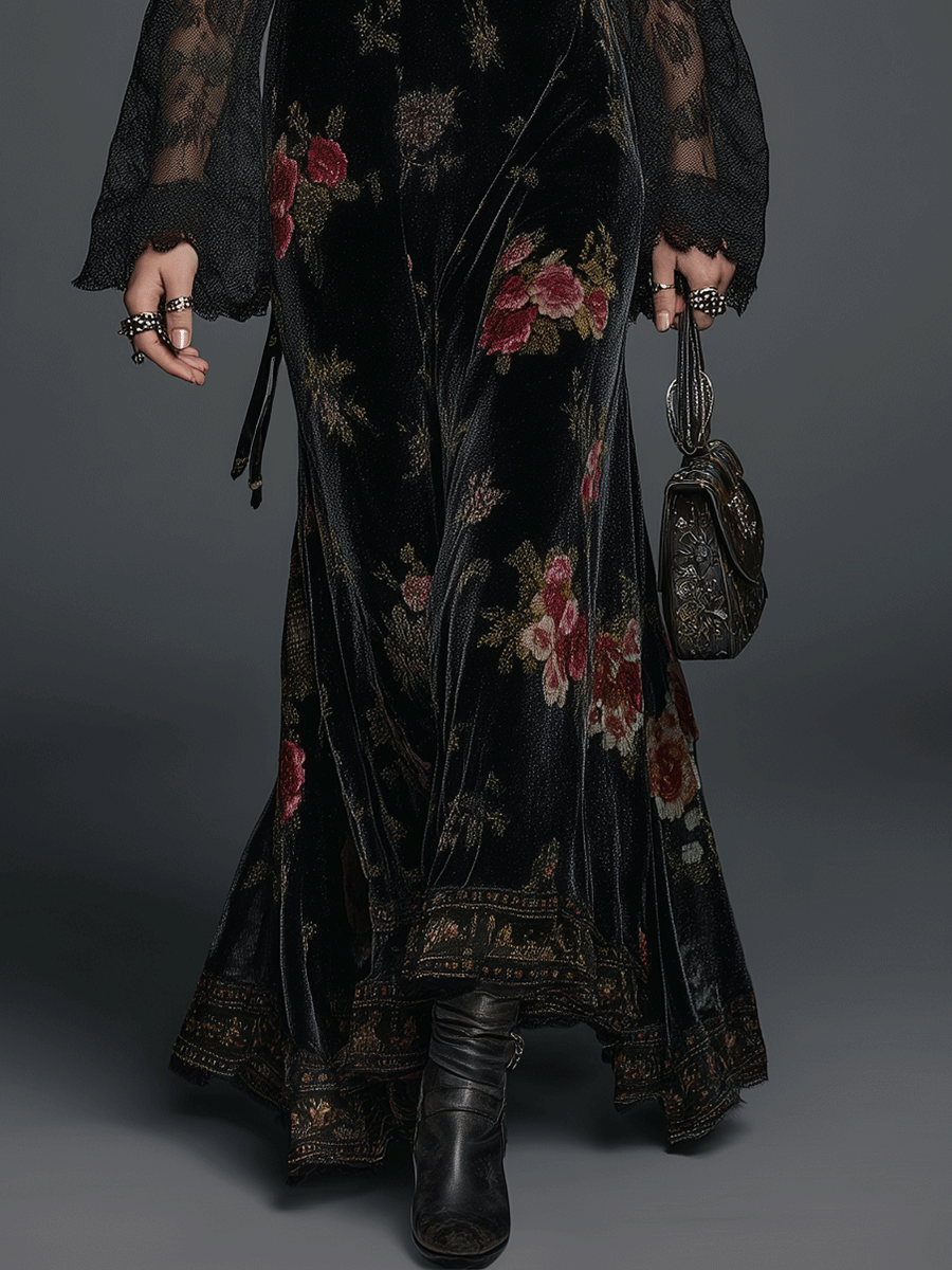 Anna-Berg | Vintage Black Velvet Floral Lace Dress