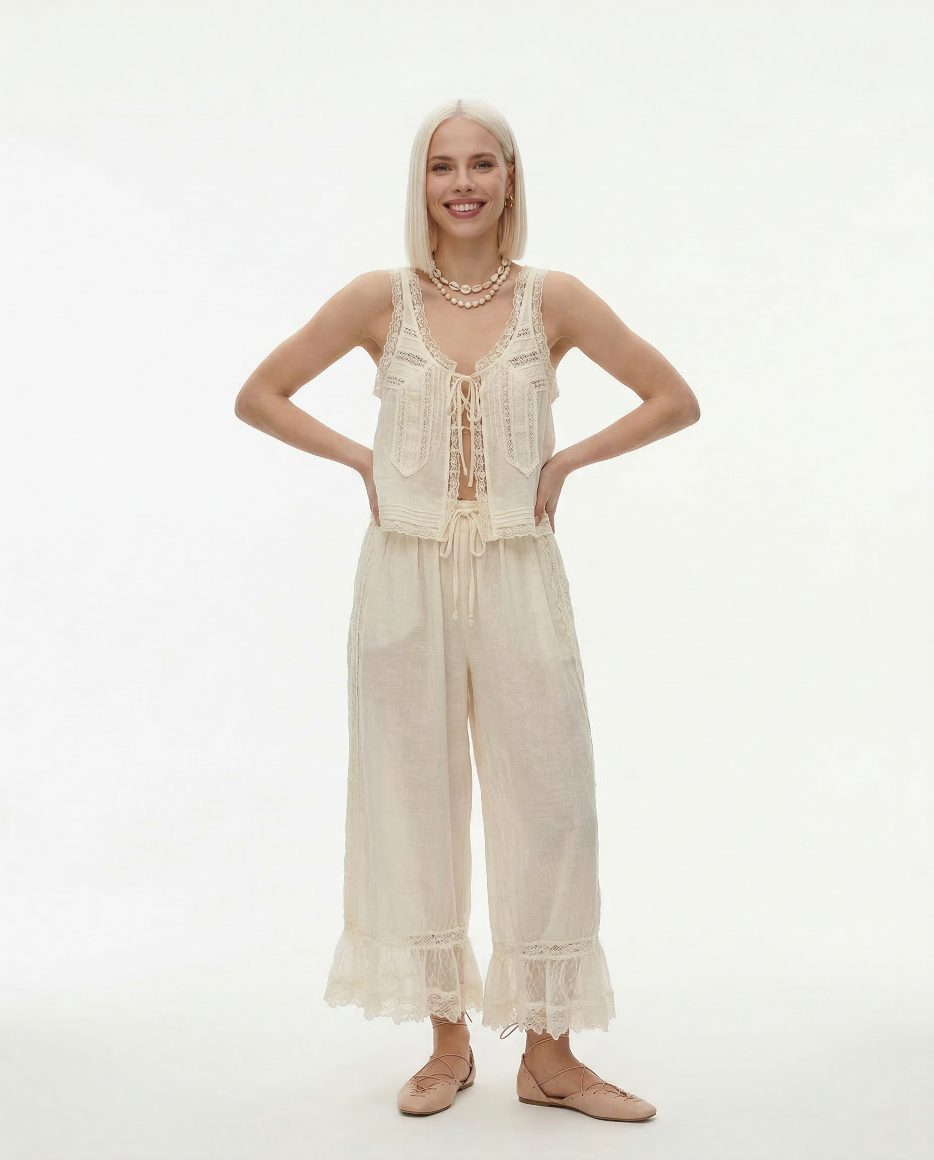 Anna-Berg | Ivory Cropped & High-Waist Lace Two-Piece Set