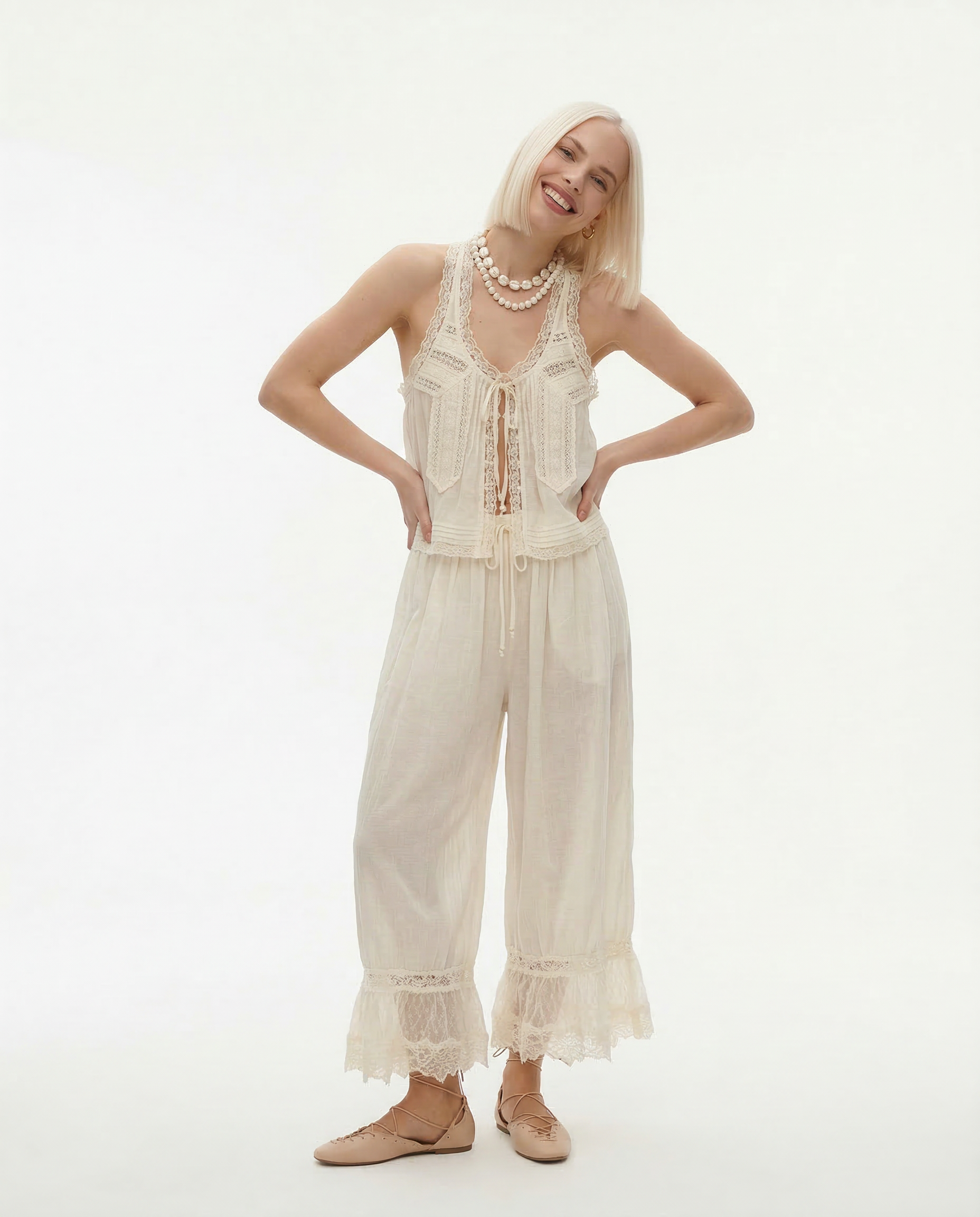 Anna-Berg | Ivory Cropped & High-Waist Lace Two-Piece Set