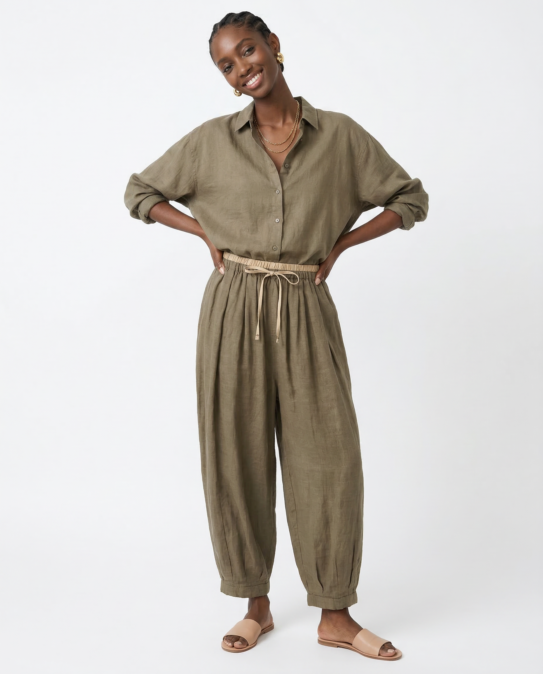 Anna-Berg | Stone High-Waist Wide-Leg Linen Trousers