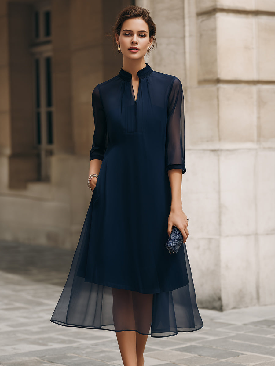 Anna-Berg | Mandarin Collar Sheer Overlay Midi Dress