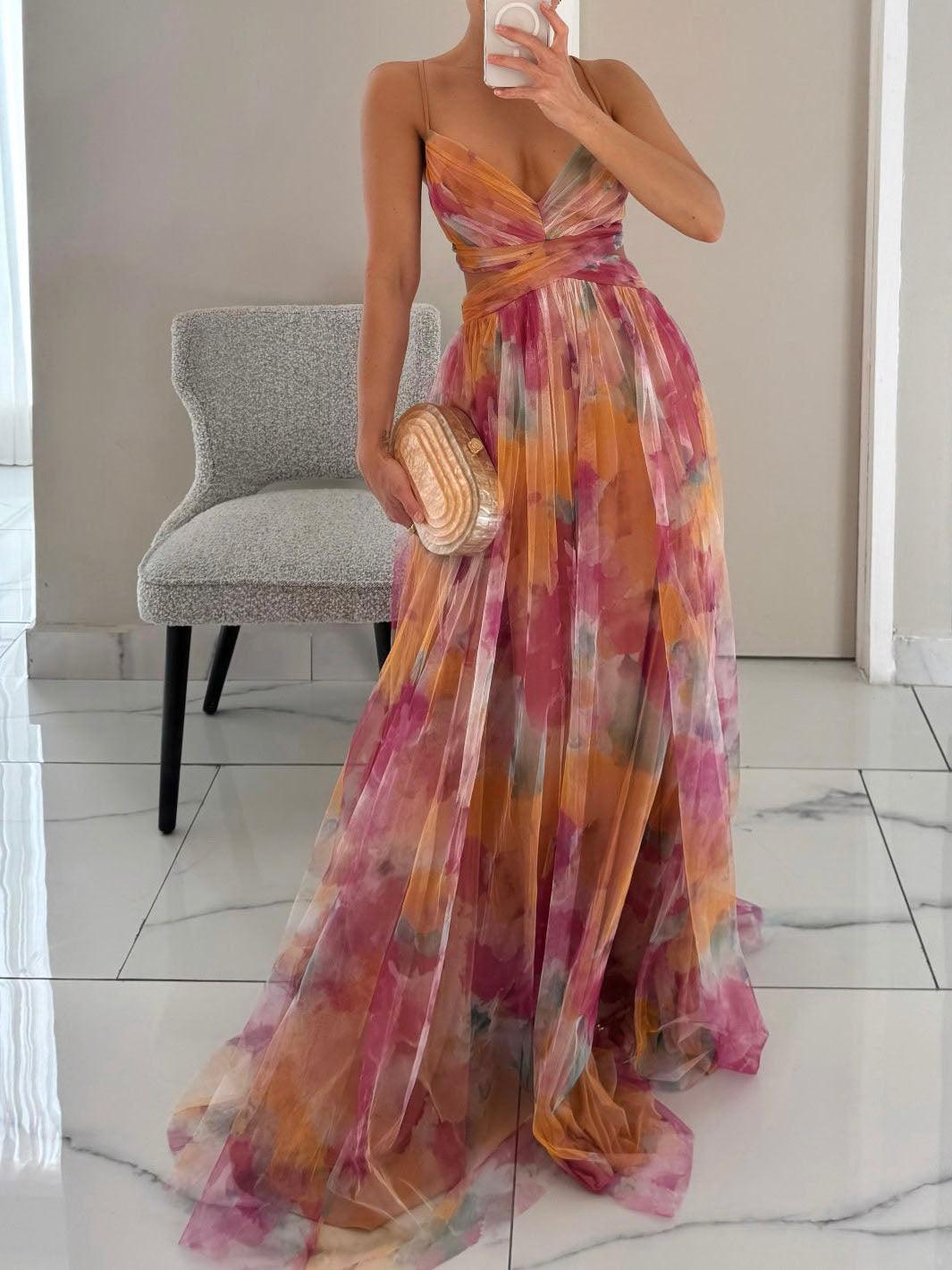 Anna-Berg | Feminine Painted Floral Print Maxi Dress