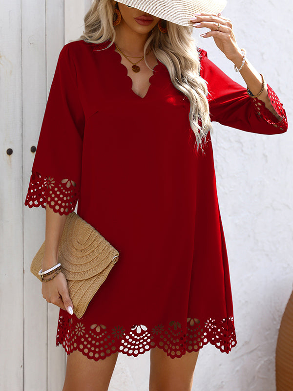 Anna-Berg | A-Line Loose Hollow Solid Color Dress