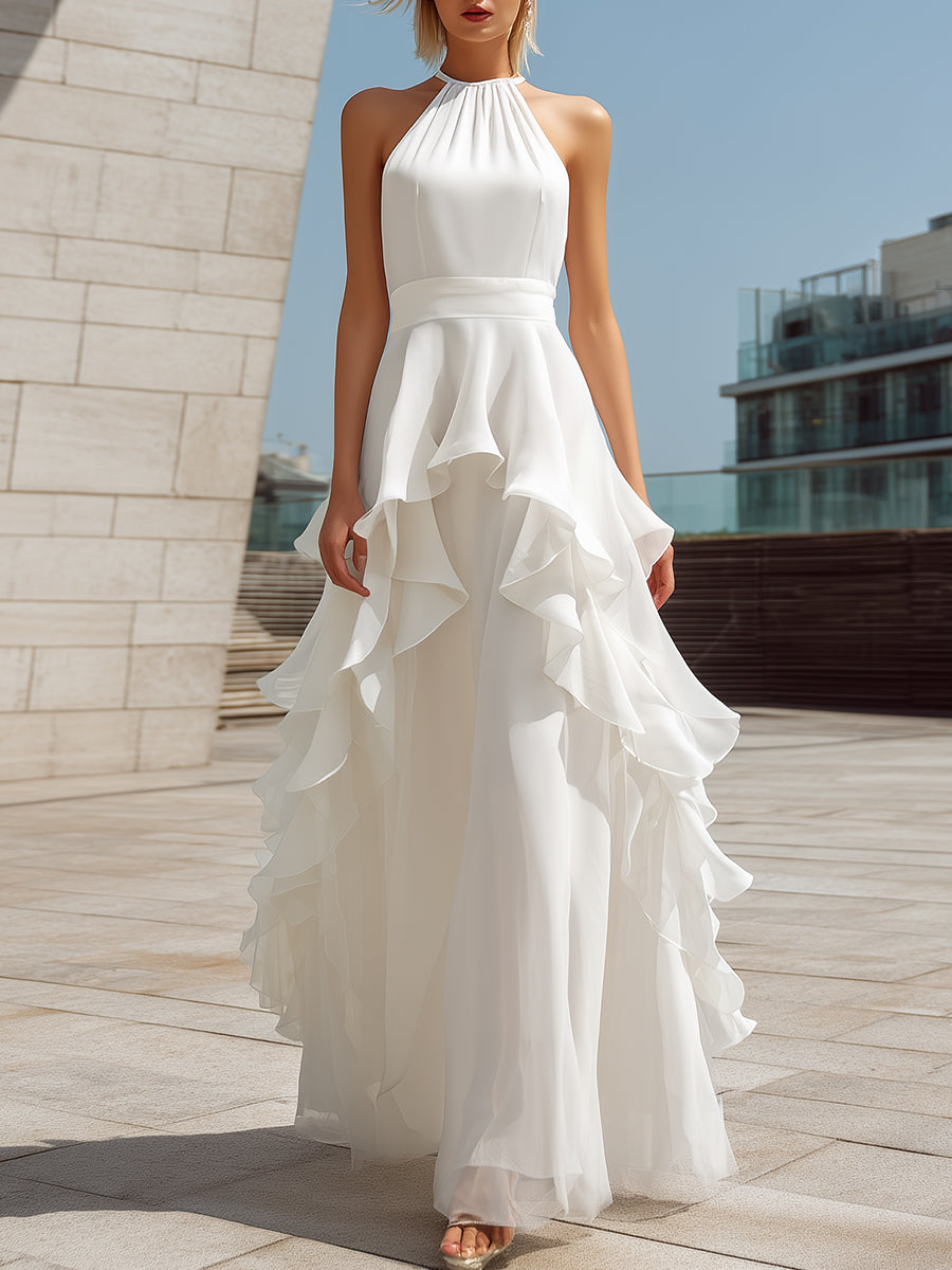 Anna-Berg | White Halter Layered Ruffle Dress