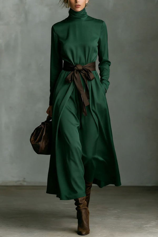 Anna-Berg | Stylish Color-Blocked Belted High-Neck Long-Sleeved Dress