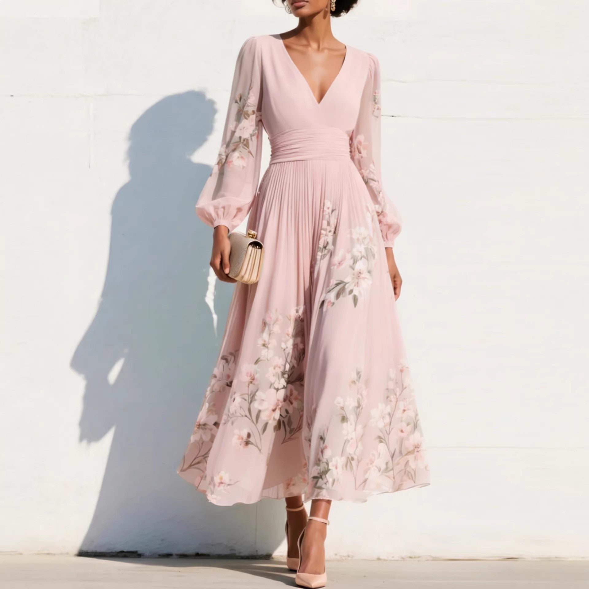 Anna-Berg | Elegant Floral Print Long-Sleeved V-Neck Dress