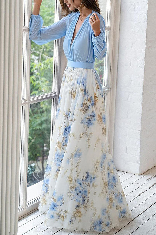 Anna-Berg | Plant Print V-Neck Long Sleeve Dress