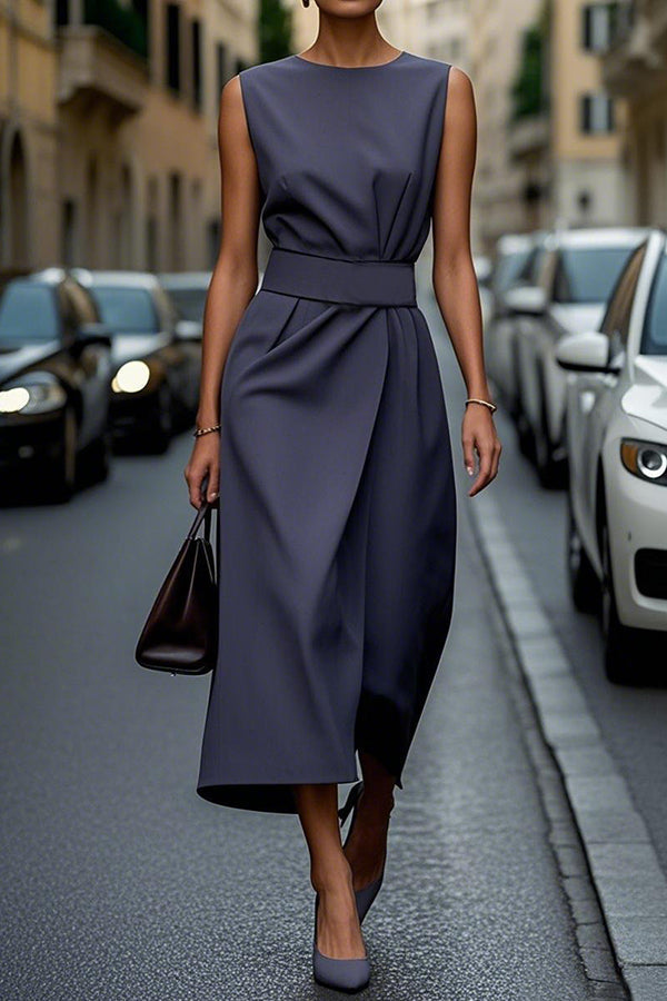Anna-Berg | Solid Color Sleeveless Round Neck Dress