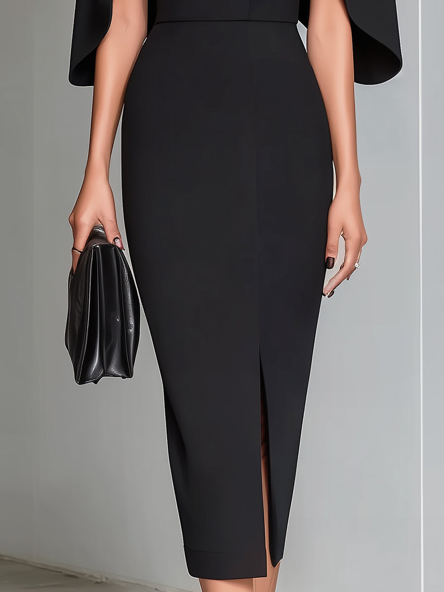 Anna-Berg | Black Cape-Sleeve Sheath Dress