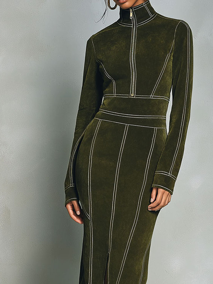 Anna-Berg | High Neck Zip-Up Olive Green Dress