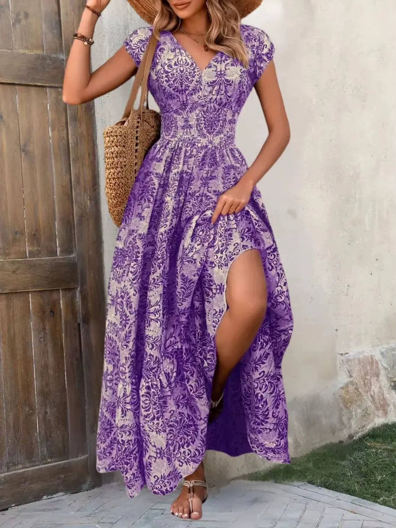 Anna-Berg | Boho Patterned Sleeveless V Neck Maxi Dress