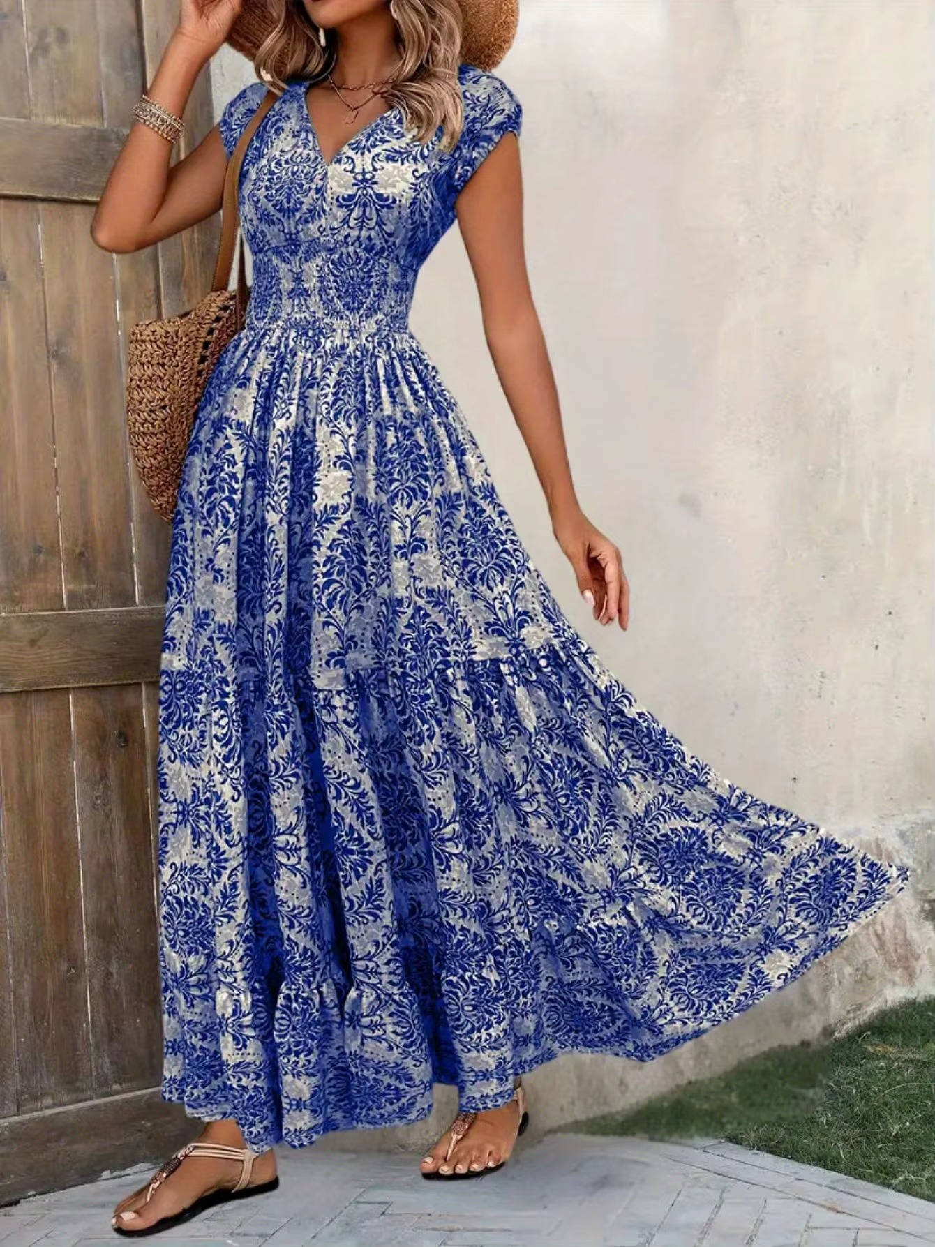 Anna-Berg | Boho Patterned Sleeveless V Neck Maxi Dress