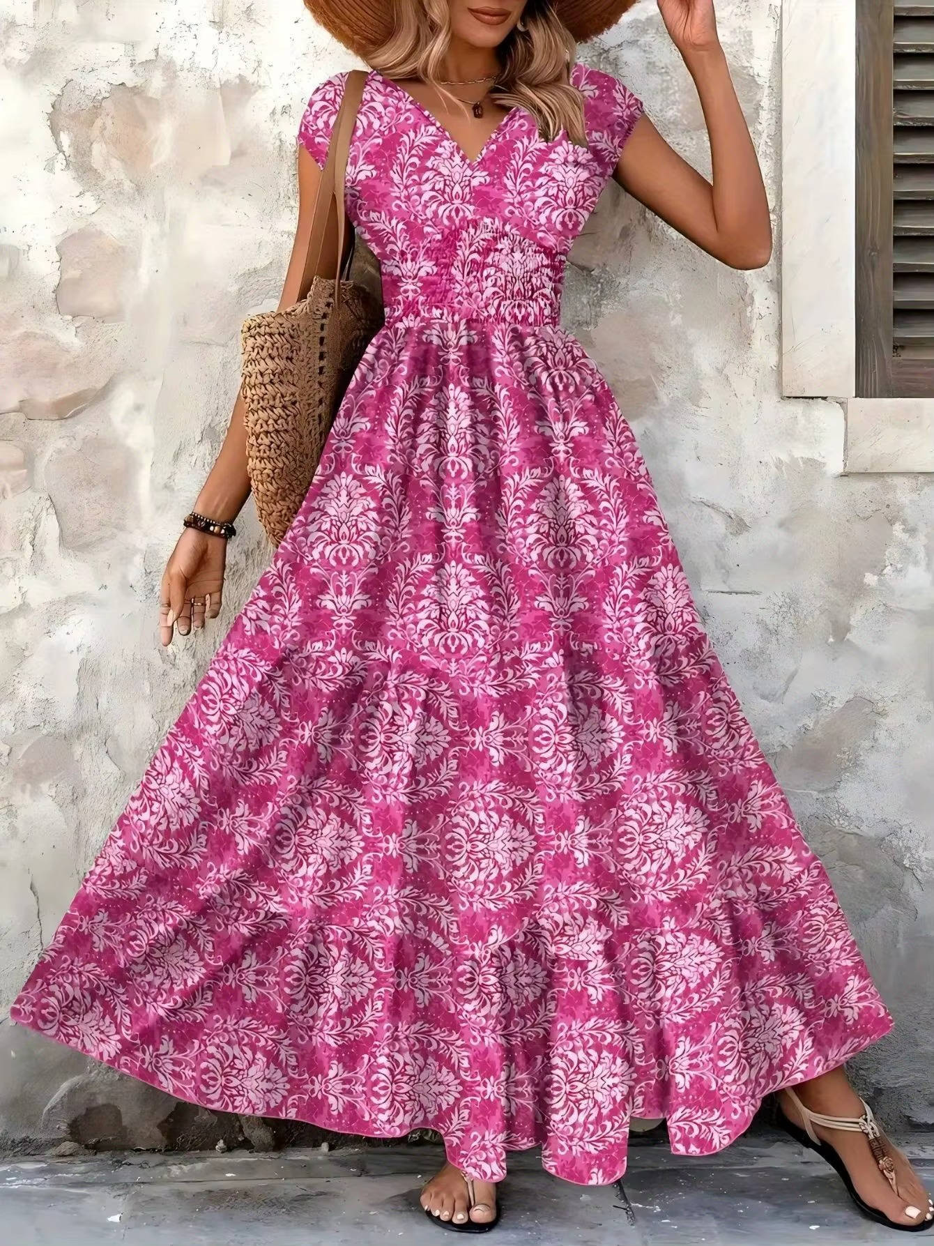 Anna-Berg | Boho Patterned Sleeveless V Neck Maxi Dress