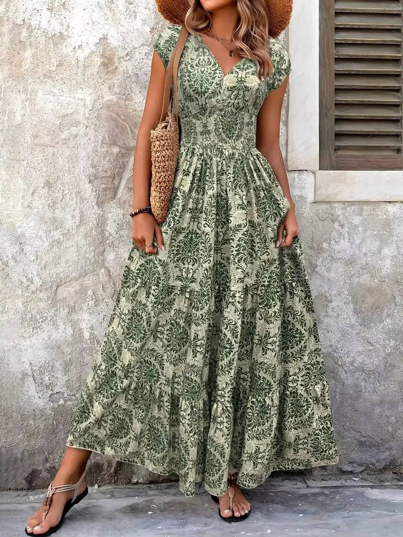 Anna-Berg | Boho Patterned Sleeveless V Neck Maxi Dress