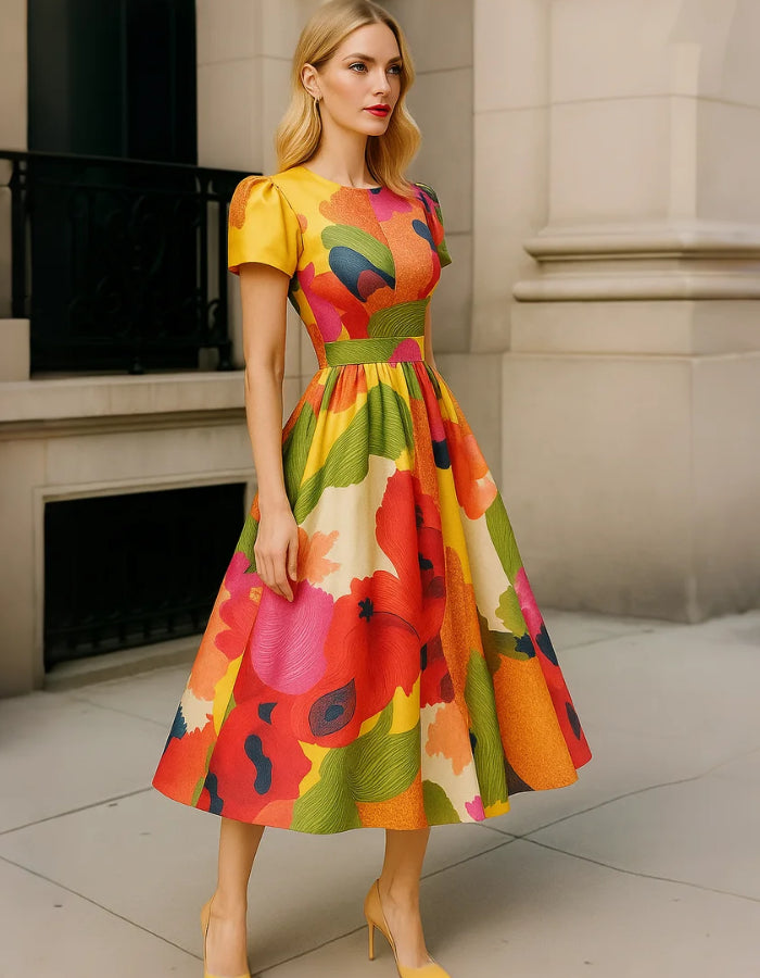Anna-Berg | Red Satin A-Line Pleated Puff Dress