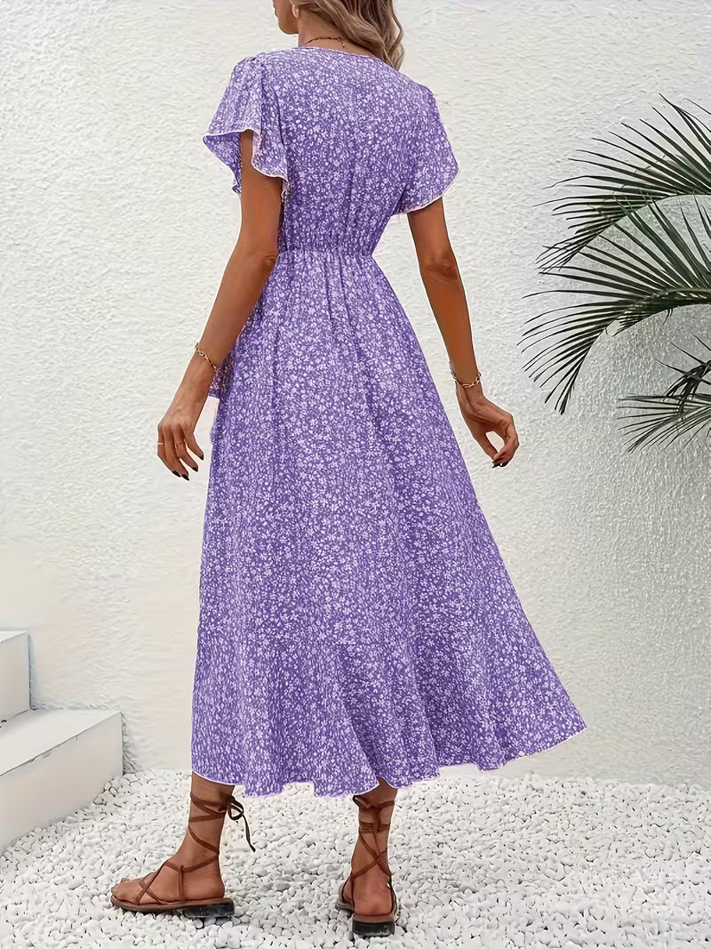 Anna-Berg | Timeless Floral Wrap Midi Dress With Ruffle Sleeves And Asymmetric Hem