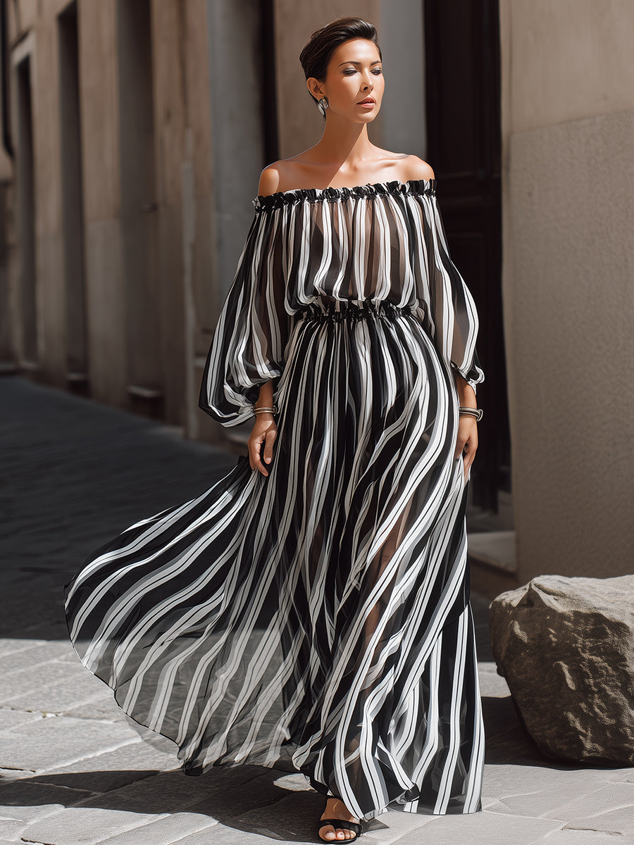 Anna-Berg | Elegant Off-The-Shoulder Vertical Stripe Chiffon Dress