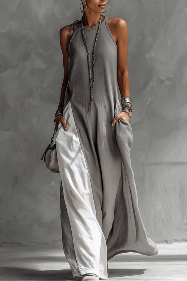 Anna-Berg | Stylish Color-Blocked Round Neck Sleeveless Dress