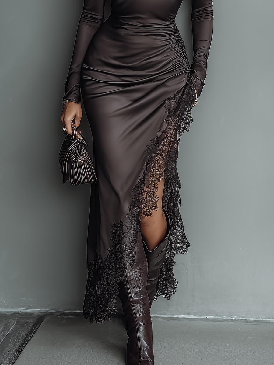 Anna-Berg | Dark Brown Satin Irregular Hem Dress