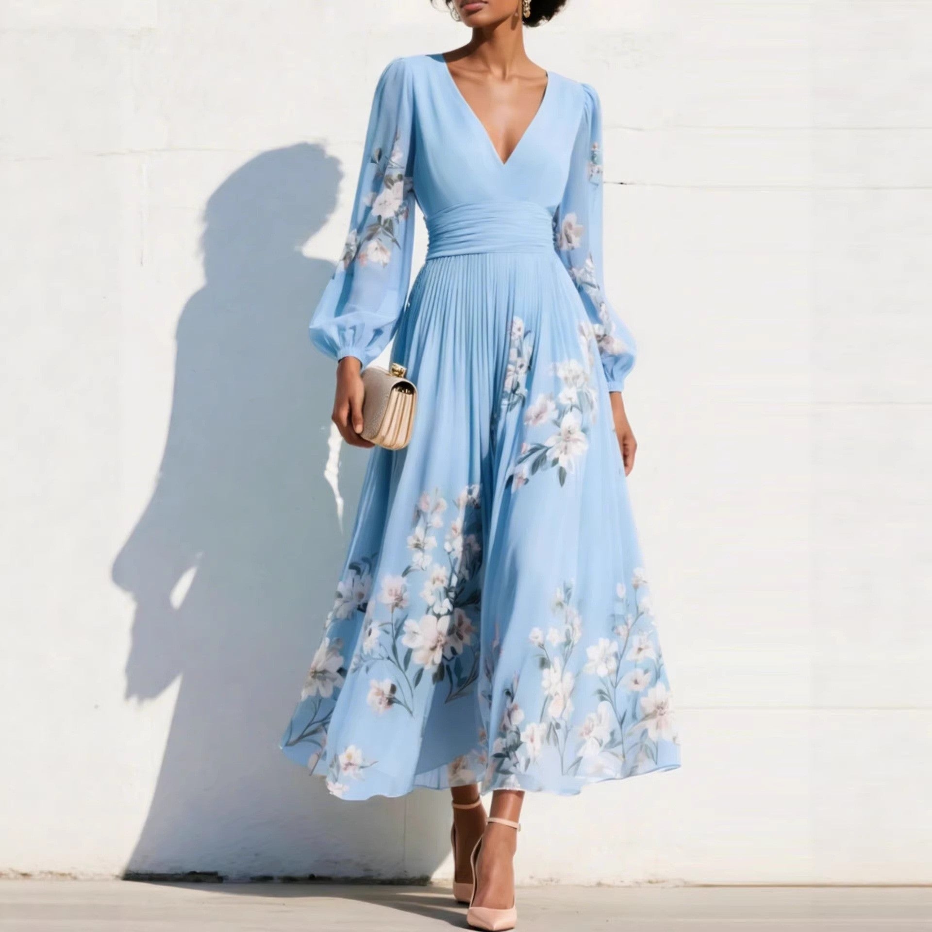 Anna-Berg | Elegant Floral Print Long-Sleeved V-Neck Dress