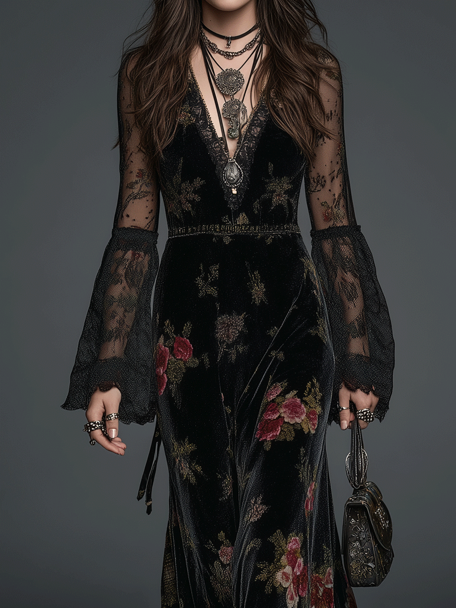 Anna-Berg | Vintage Black Velvet Floral Lace Dress