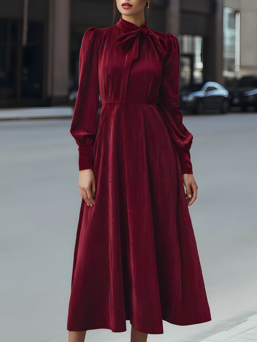 Anna-Berg | Velvet Pleated Bow-Neck Dress
