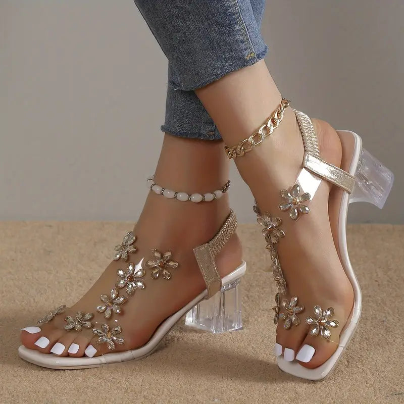 Anna-Berg | Luxe Rhinestone Block Heel Sandals with Graceful Drape