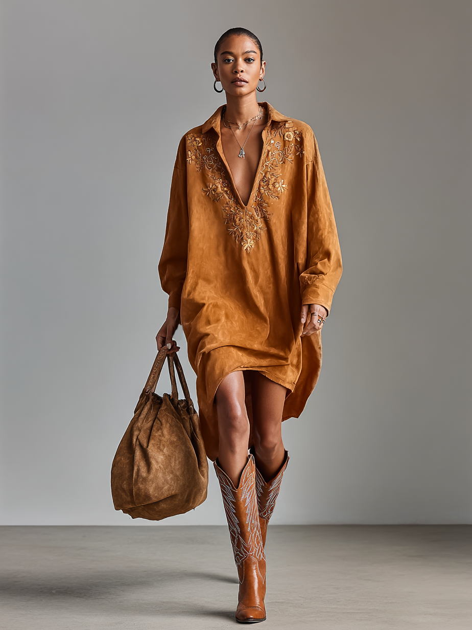 Anna-Berg | Red Suede V-Neck Dress