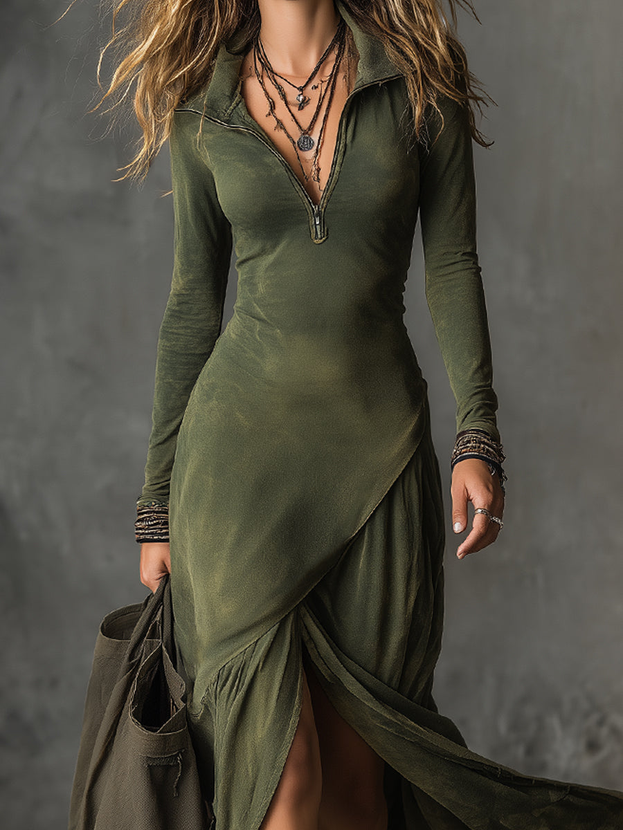 Anna-Berg | Bohemian Washed Cotton Half-Zip Hem Dress