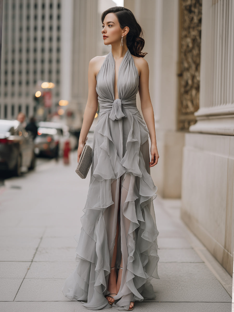 Anna-Berg | Halter Neck Draped Ruffle Dress
