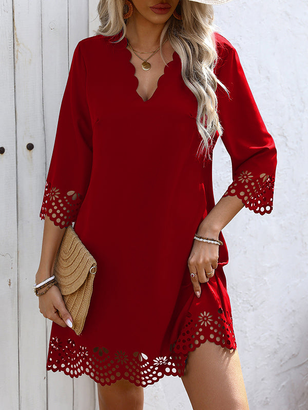 Anna-Berg | A-Line Loose Hollow Solid Color Dress