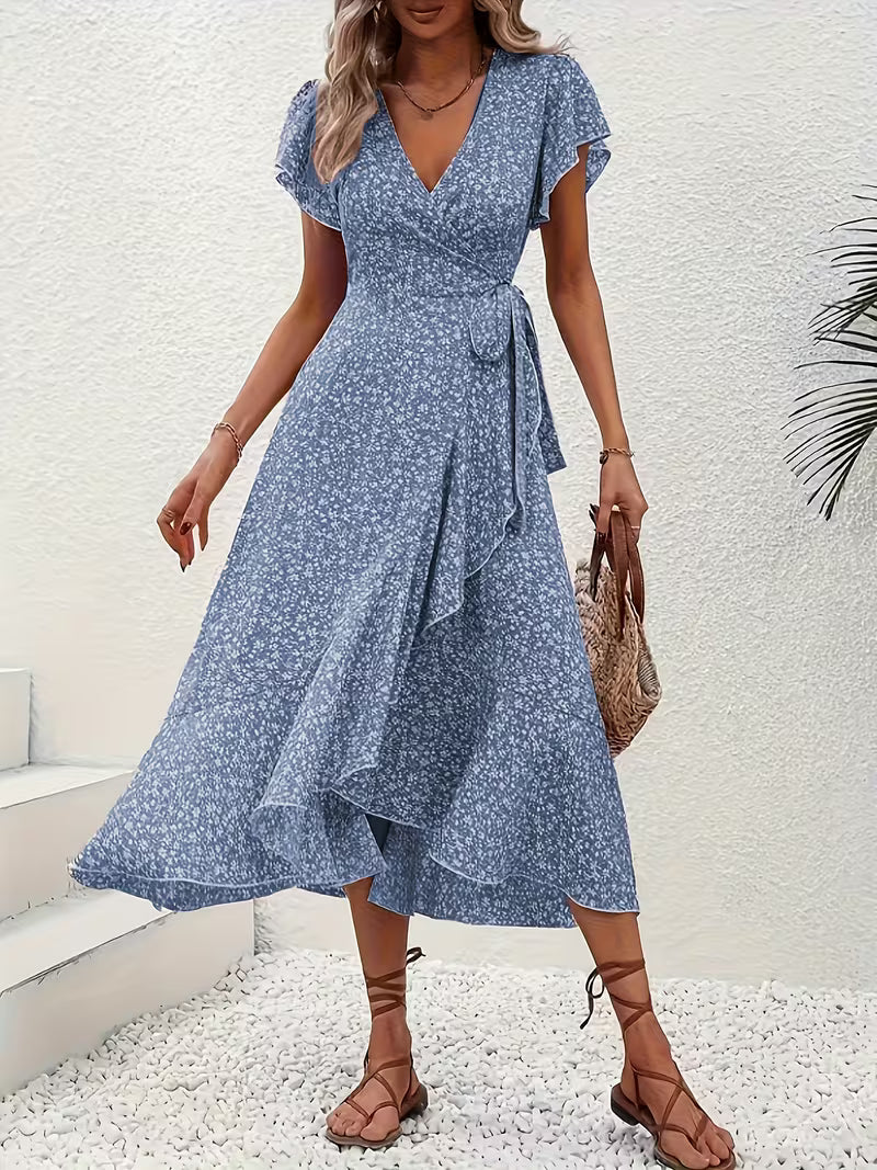 Anna-Berg | Timeless Floral Wrap Midi Dress With Ruffle Sleeves And Asymmetric Hem