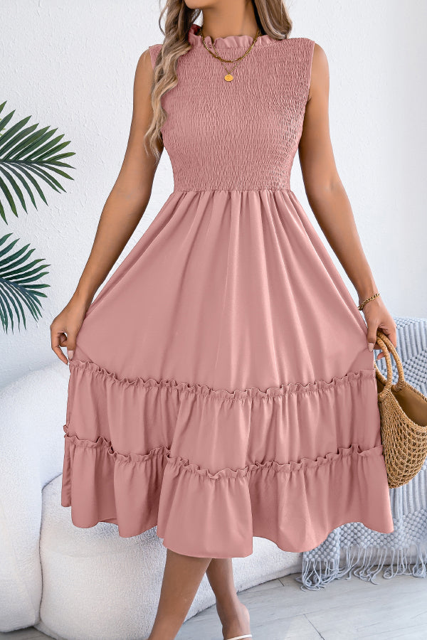 Anna-Berg | Solid Color Sleeveless Tucked Patchwork Dress